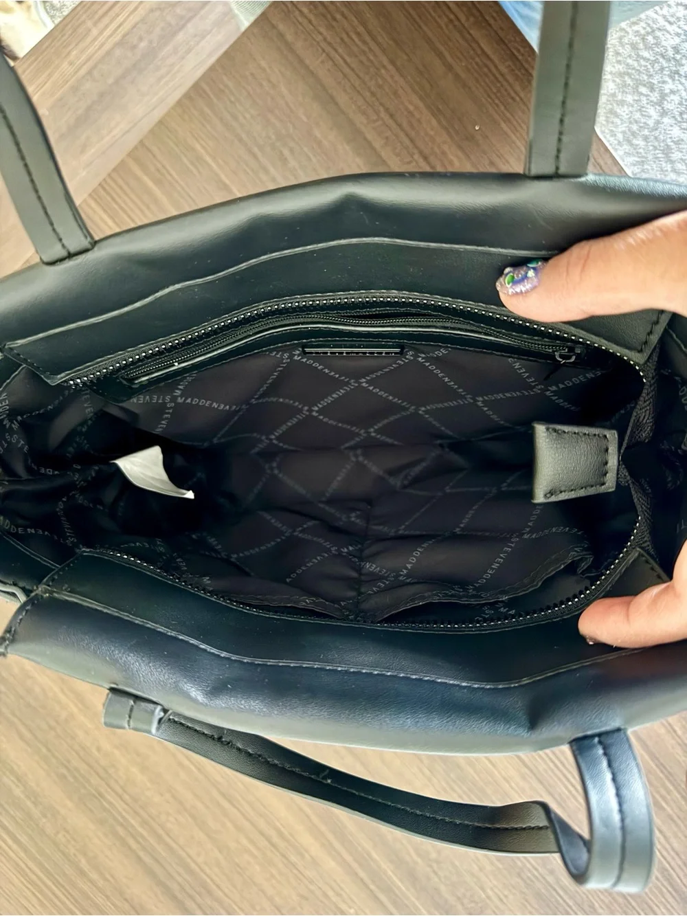 Steve Madden Black Quilted Tote with Front Zip